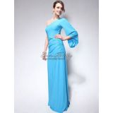 Длинное голубое вечернее платье с открытым плечом и рукавом - РАЗНОЕ