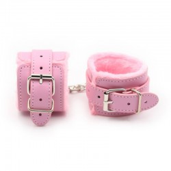 БДСМ - Розовые кожаные наручники с мехом
