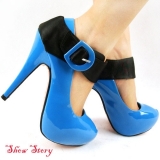 Лаковые голубые туфли с ремешком на высоком каблуке - Обувь женская