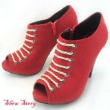 Ярко-красные ботильоны на декоративной шнуровке на устойчивом каблуке - Обувь женская