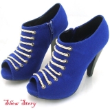Ярко-голубые ботильоны на декоративной шнуровке на устойчивом каблуке - Обувь женская