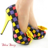 Multi-Coloured Check Tartan Bow Yellow Platform Shoes - Обувь женская