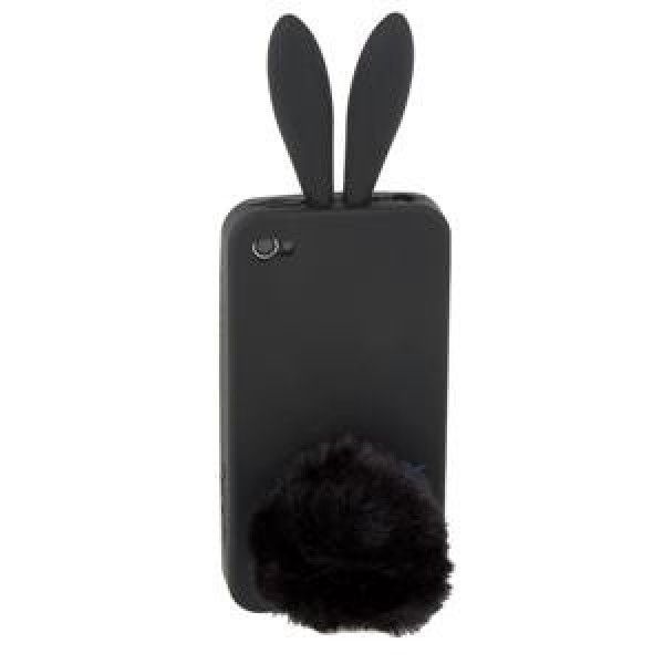 Latest Style 2 in 1 Rabbit Ears Silicone Case with Rabbit Tail Stand for iPhone 4G (Black)