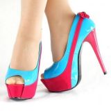РАСПРОДАЖА! Красно-голубые туфельки лаковые с открытым носком цена фото