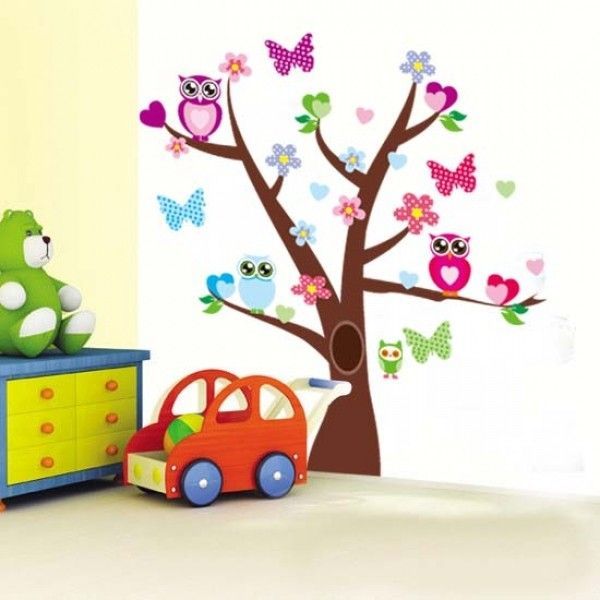 Виниловая наклейка - дерево с бабочками и совами
