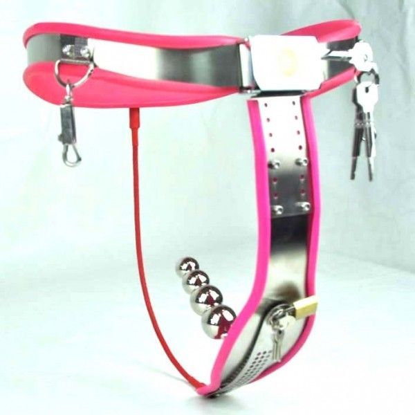 BDSM () - Female Adjustable Curve-T Stainless Steel Chastity Belt Locking Cover Removable Vaginal Plug PINK