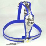  - Male Fully Adjustable Model-T Stainless Steel Premium Chastity Device with Hole Cage Cover BLUE Plug
