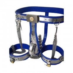 БДСМ - Male Fully Adjustable Model-T with Cage and Plug and Urethral Tube + Thigh Bands BLUE