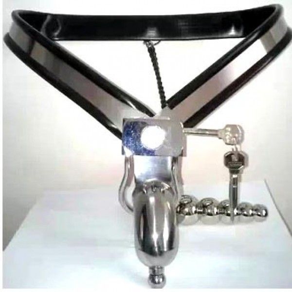 BDSM () - Male Adjustable Model-Y Stainless Steel Premium Chastity Belt with Chian and Plug and Urethral Tube