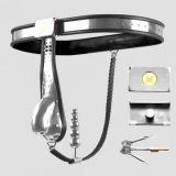 BDSM () - Male Fully Adjustable Model-T Stainless Steel Chastity Belt with Hole Cage Cover and Chain and Plug
