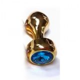 Золотистая алюминиевая анальная пробка с синим кристаллом Golden Aluminum Jeweled Anal Plug - 