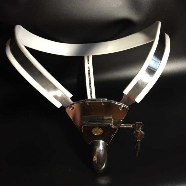 BDSM () - Male Fully Adjustable Model-T Stainless Steel Chastity Belt with Hole Cage Cover White
