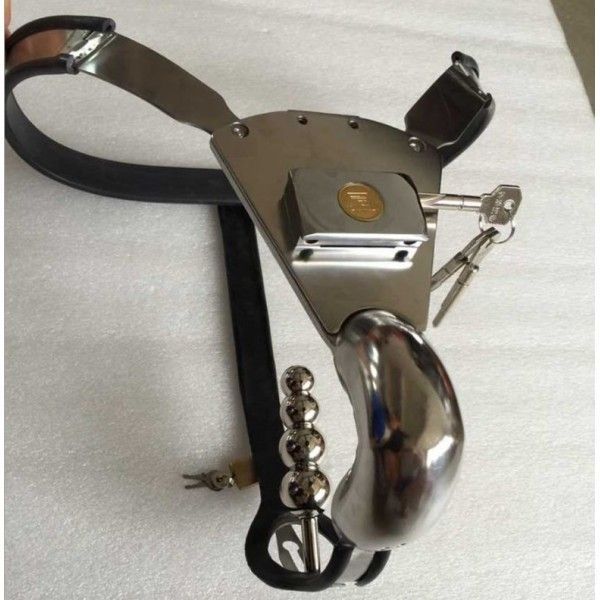 BDSM () - Male Fully Adjustable Model-T Stainless Steel Chastity Belt with Hole Cage Cover and Anal Plug