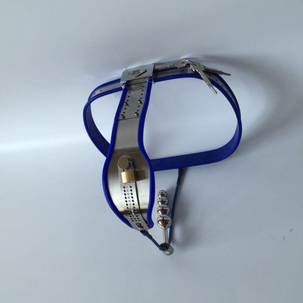 BDSM () - Female Adjustable Model-T Stainless Steel Anal Plug Chastity Belt with Locking Cover Removable BLUE