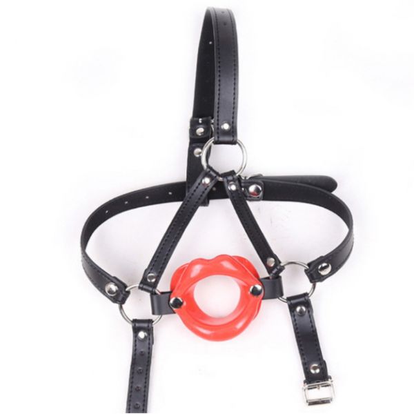 BDSM () - Red Rubber Lip Shape Faux Leather Harness Open Mouth Gag