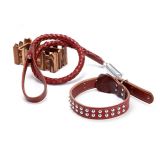 BDSM () - High quality leather collar with traction leather chain - red