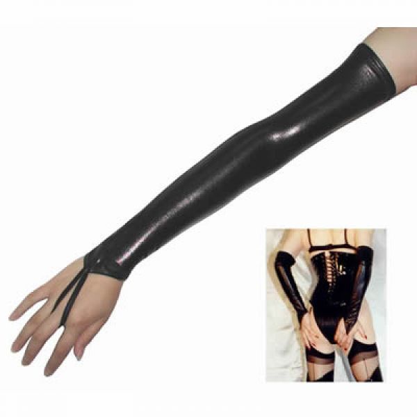 BDSM () - Black Springy Spandex-latex Long Gloves Showing Hands