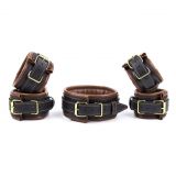 Leather 5 Pieces Restraints Set Hand Neck Foot Handcuffs Brown + Black - 