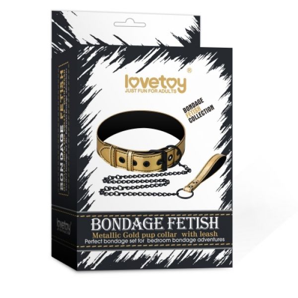 BDSM () -   Bondage Fetish Metallic Gold Pup Collar With Leash
