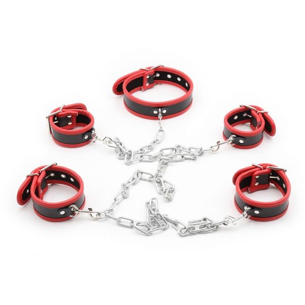 BDSM () - Leather Neck Hand-foot Linked Cuffs Red