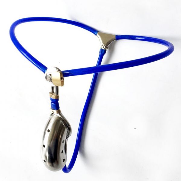 BDSM () - Male Stainles Steel Adjustable Chastity Belt Device With Defecation Hole Cage Blue
