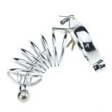 BDSM () - Metal Asylum Chastity Device with Urethral Stretching Penis Plug and Two Rings L