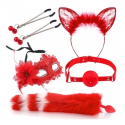 BDSM () -     Sexy Cat Ears Fox Tail Cosplay Sex Party Accessories Red